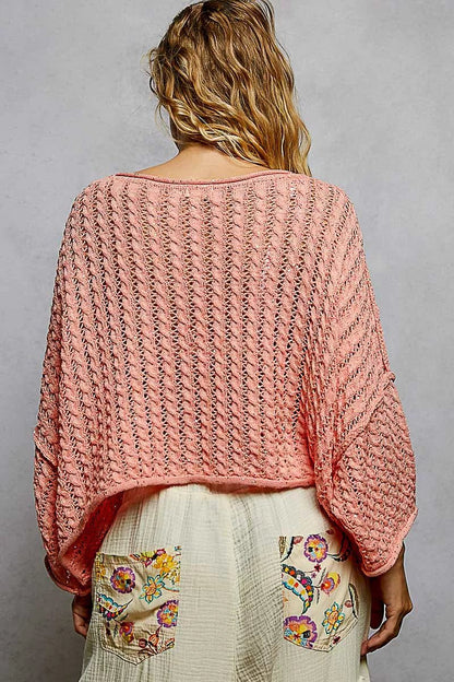 POL Cable - Knit Openwork Round Neck Cropped Sweater - Bitsy Gypsy Boutique