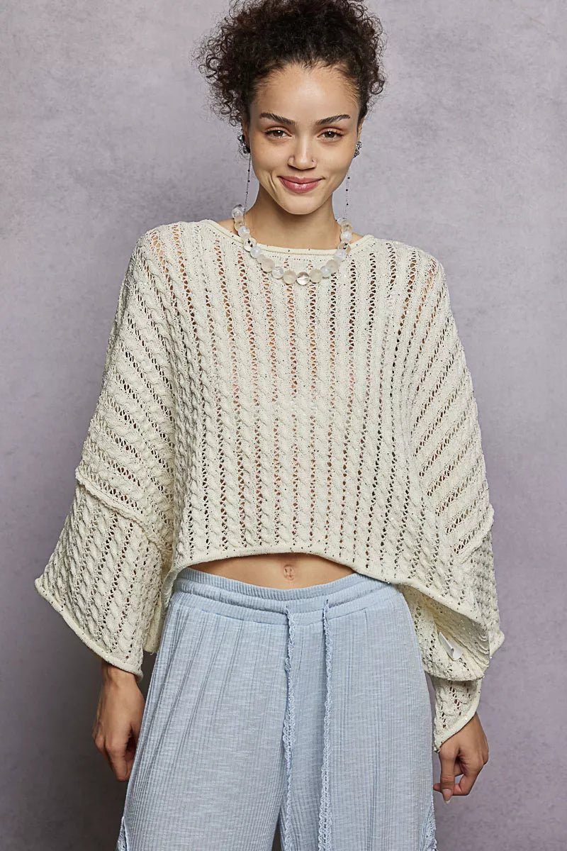POL Cable - Knit Openwork Round Neck Cropped Sweater - Bitsy Gypsy Boutique