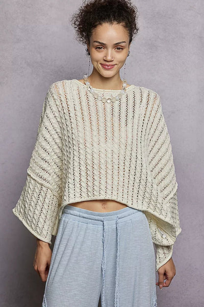 POL Cable - Knit Openwork Round Neck Cropped Sweater - Bitsy Gypsy Boutique