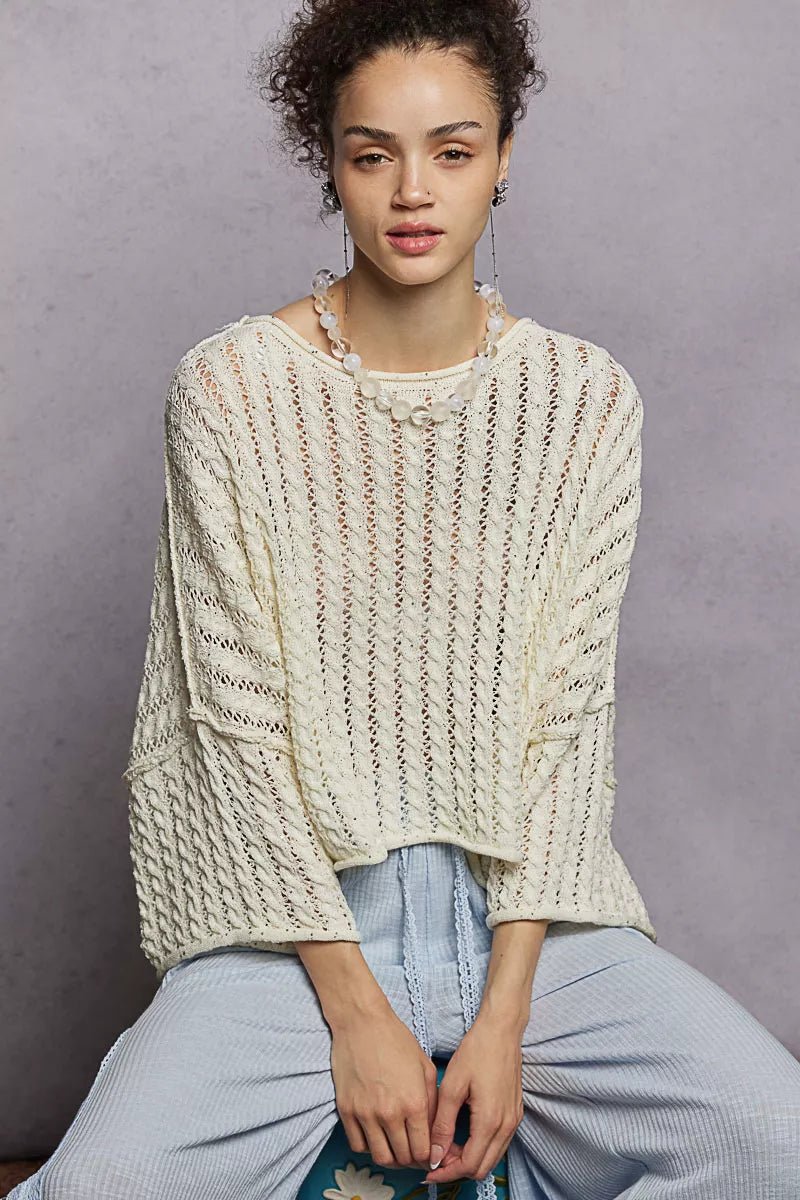 POL Cable - Knit Openwork Round Neck Cropped Sweater - Bitsy Gypsy Boutique