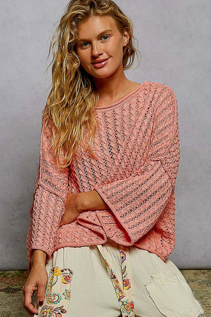 POL Cable - Knit Openwork Round Neck Cropped Sweater - Bitsy Gypsy Boutique