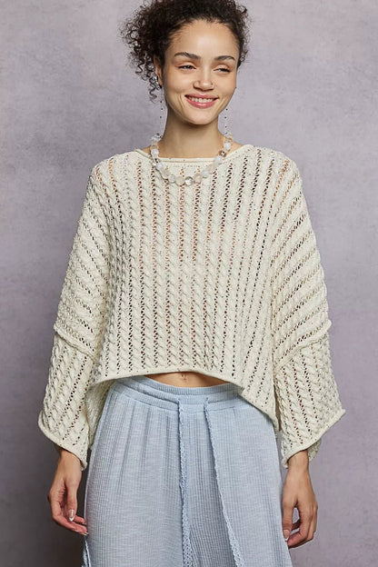 POL Cable - Knit Openwork Round Neck Cropped Sweater - Bitsy Gypsy Boutique