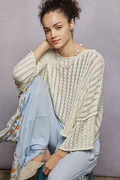 POL Cable - Knit Openwork Round Neck Cropped Sweater - Bitsy Gypsy Boutique