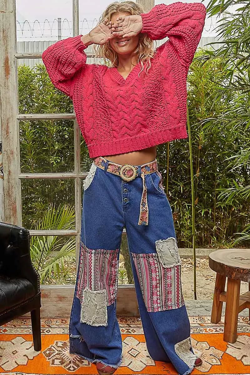 POL Cable - Knit Solid V - Neck Cropped Sweater - Bitsy Gypsy Boutique