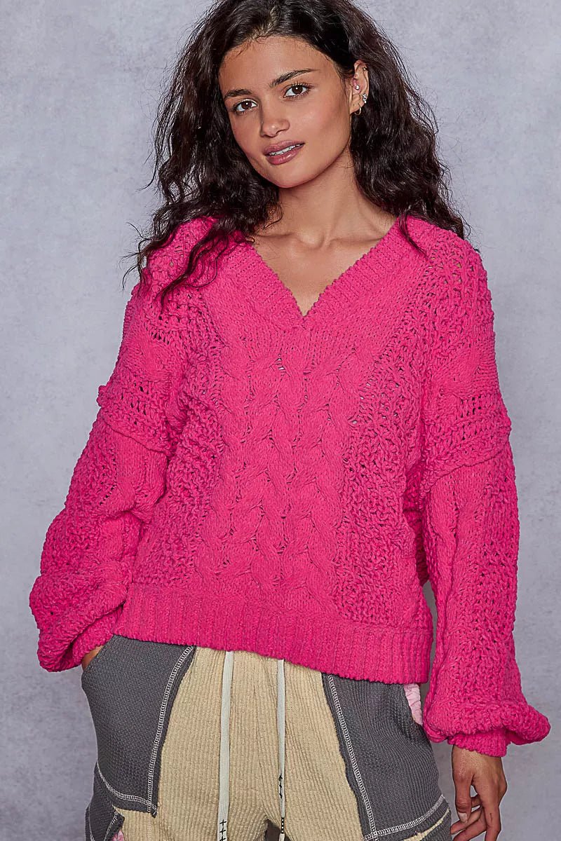 POL Cable - Knit Solid V - Neck Cropped Sweater - Bitsy Gypsy Boutique
