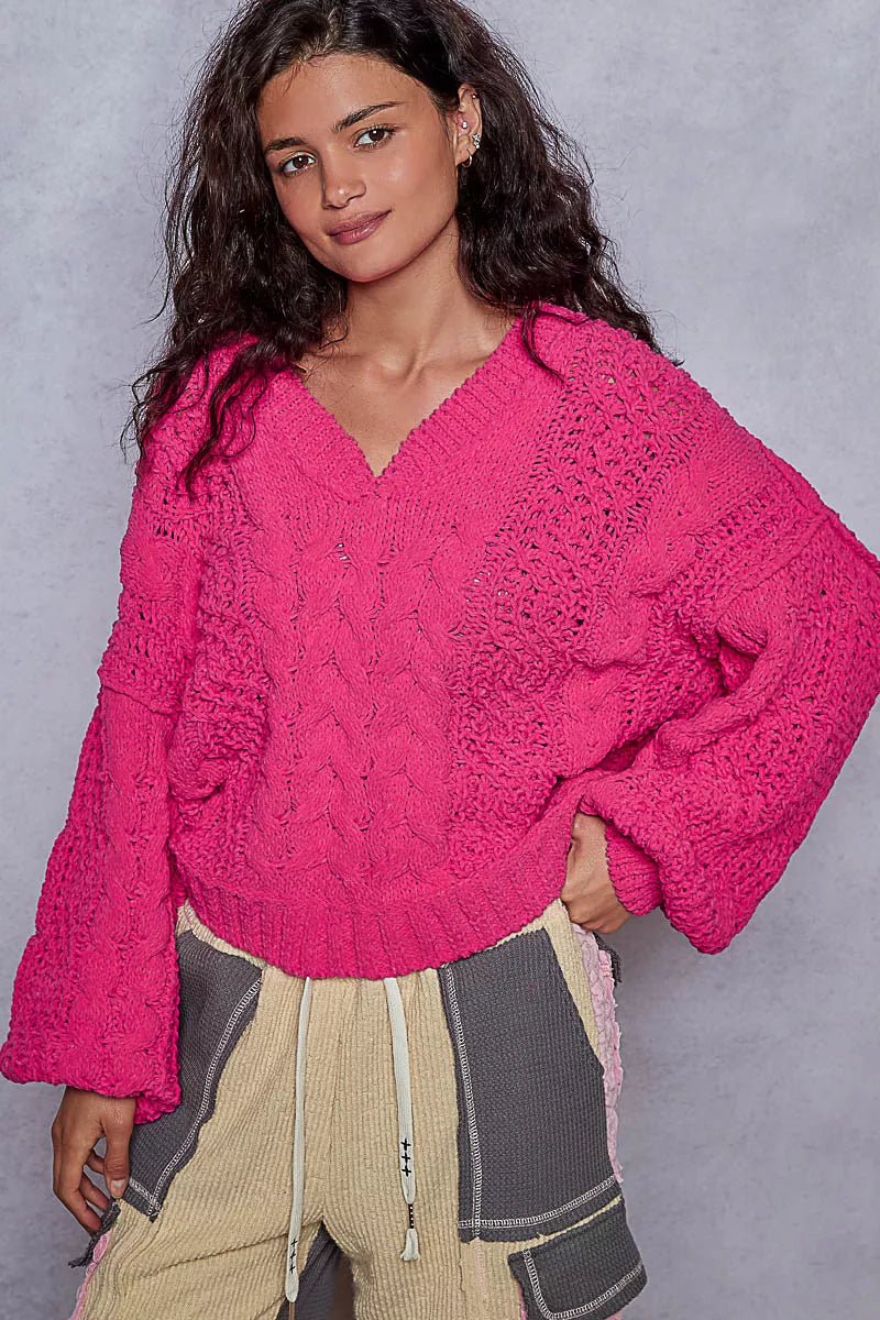 POL Cable - Knit Solid V - Neck Cropped Sweater - Bitsy Gypsy Boutique