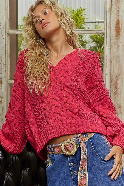 POL Cable - Knit Solid V - Neck Cropped Sweater - Bitsy Gypsy Boutique