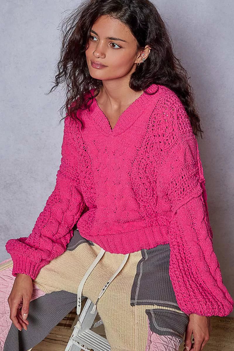 POL Cable - Knit Solid V - Neck Cropped Sweater - Bitsy Gypsy Boutique