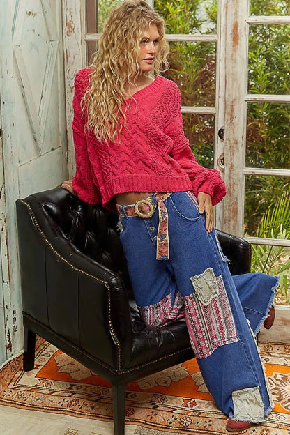 POL Cable - Knit Solid V - Neck Cropped Sweater - Bitsy Gypsy Boutique