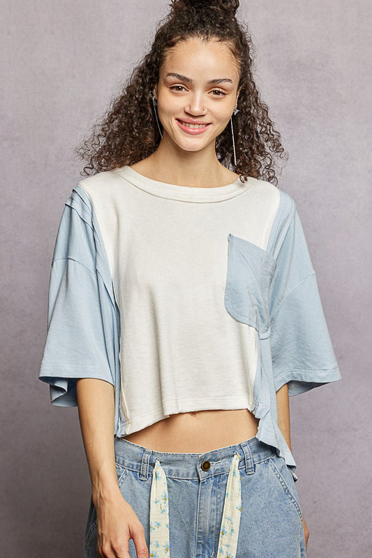POL Color Block Patchwork Cropped T-Shirt - Bitsy Gypsy Boutique