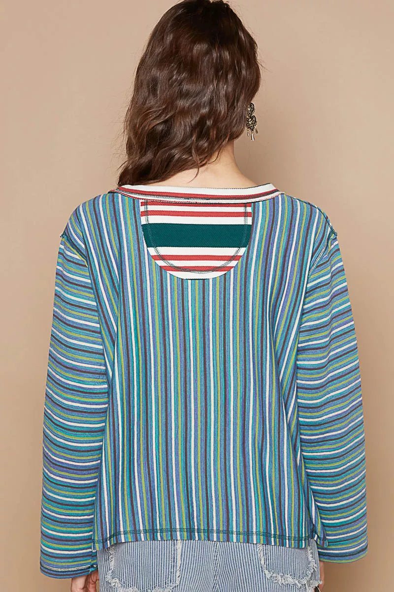 POL Color Block Striped Round Neck Long Sleeve T-Shirt - Bitsy Gypsy Boutique