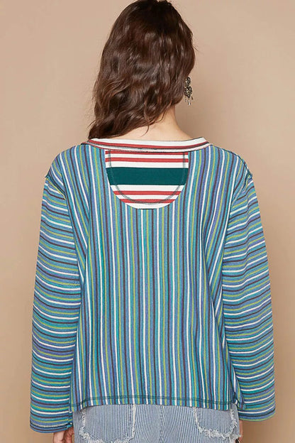 POL Color Block Striped Round Neck Long Sleeve T-Shirt - Bitsy Gypsy Boutique