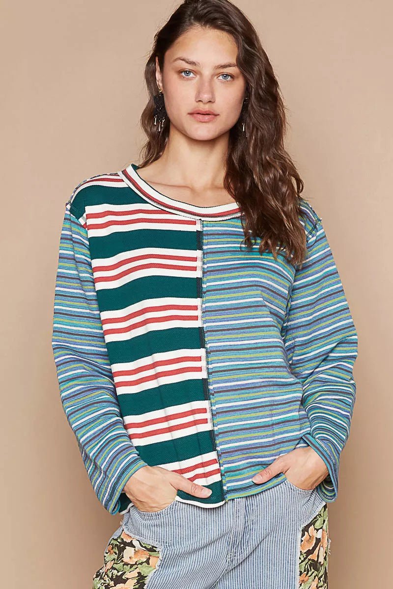 POL Color Block Striped Round Neck Long Sleeve T-Shirt - Bitsy Gypsy Boutique