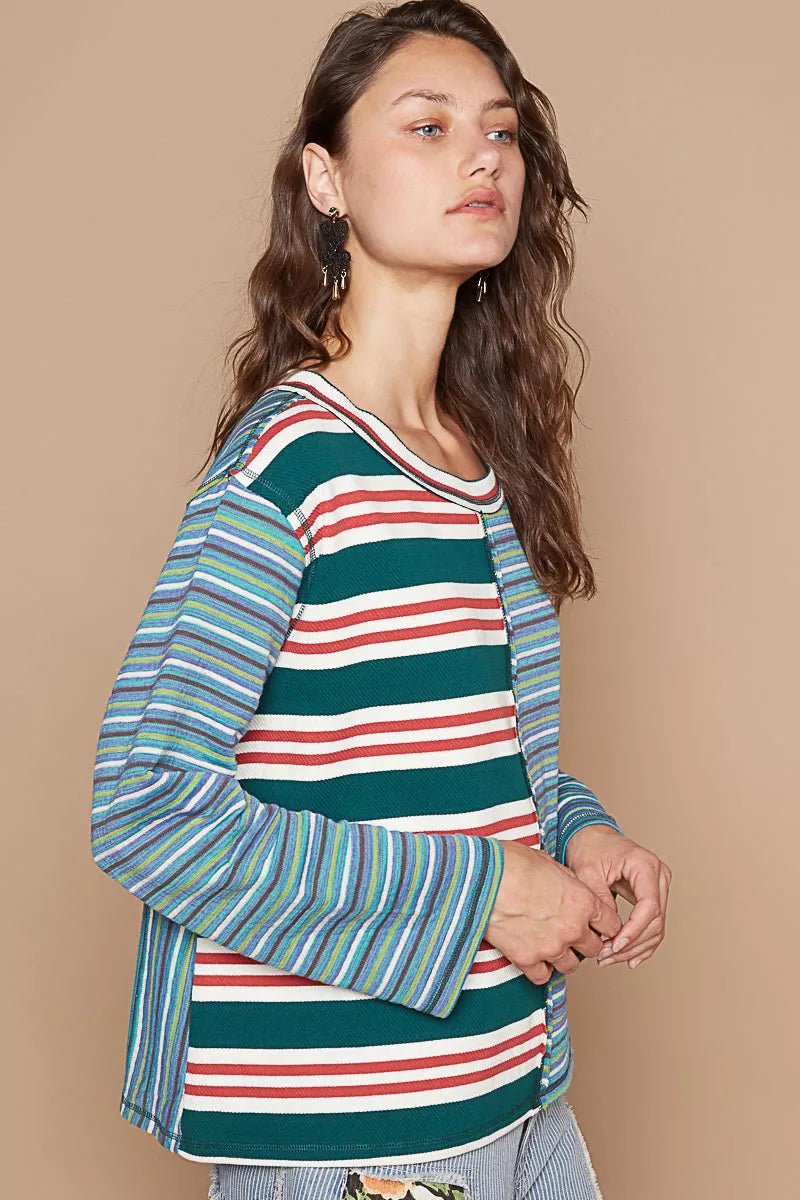 POL Color Block Striped Round Neck Long Sleeve T-Shirt - Bitsy Gypsy Boutique