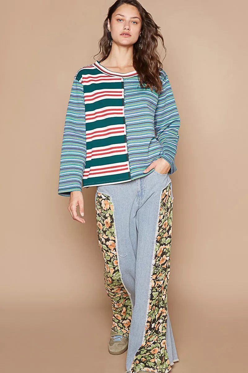 POL Color Block Striped Round Neck Long Sleeve T-Shirt - Bitsy Gypsy Boutique