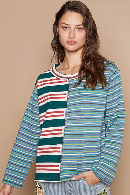 POL Color Block Striped Round Neck Long Sleeve T-Shirt - Bitsy Gypsy Boutique