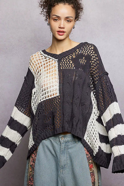 POL Color - Blocked Stripe Pattern Knit Top with Twisted Weave - Bitsy Gypsy Boutique
