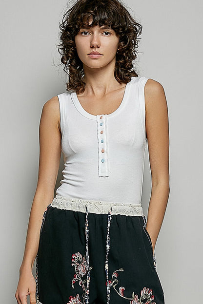 POL Colorful Button Round Neck Ribbed Tank - Bitsy Gypsy Boutique