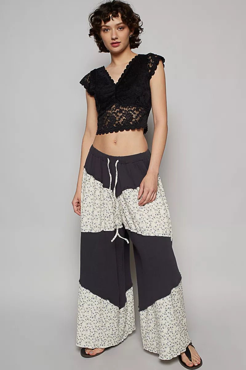 POL Contrast Floral Drawstring Wide Leg Pants - Bitsy Gypsy Boutique