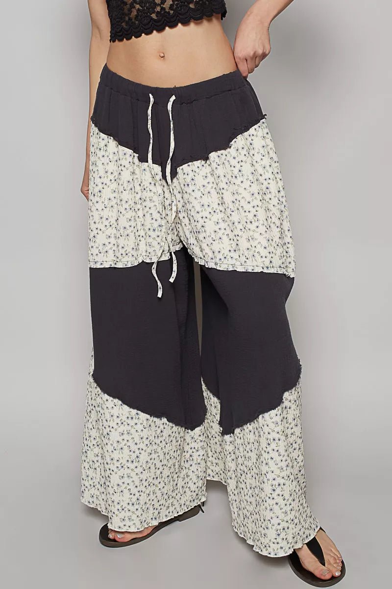 POL Contrast Floral Drawstring Wide Leg Pants - Bitsy Gypsy Boutique