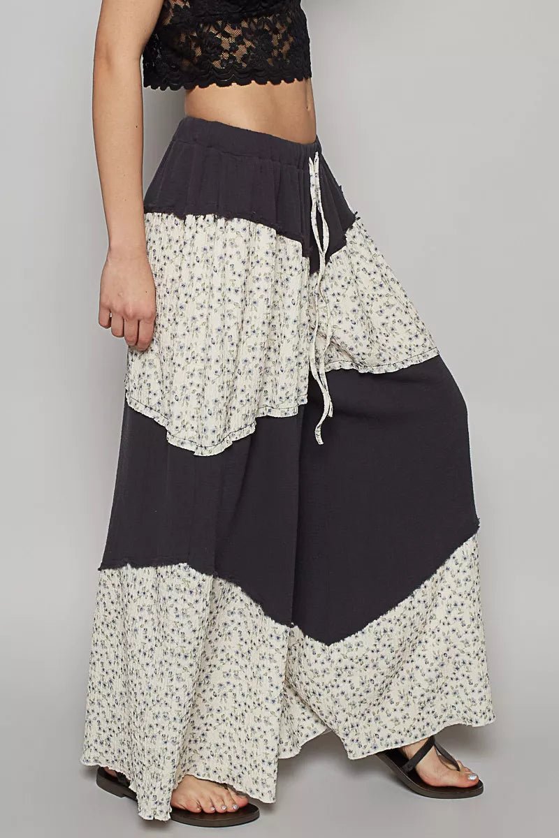 POL Contrast Floral Drawstring Wide Leg Pants - Bitsy Gypsy Boutique