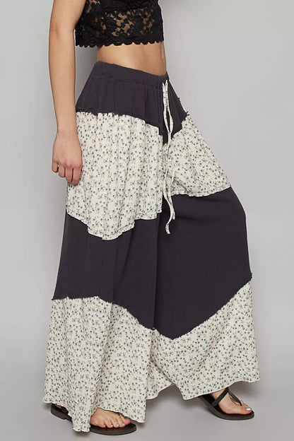 POL Contrast Floral Drawstring Wide Leg Pants - Bitsy Gypsy Boutique