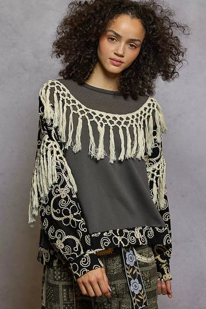 POL Contrast Floral Embroidery Balloon Sleeve Top with Tassel Trim - Bitsy Gypsy Boutique