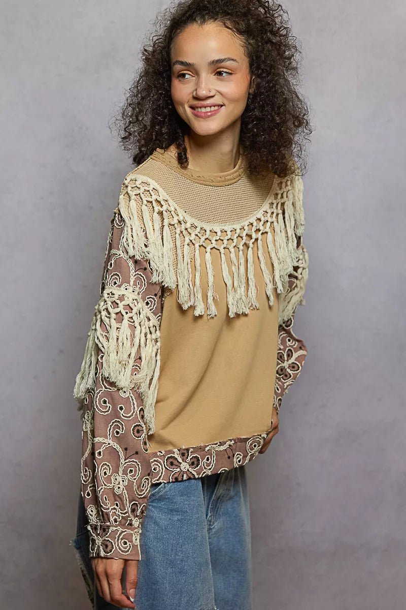 POL Contrast Floral Embroidery Balloon Sleeve Top with Tassel Trim - Bitsy Gypsy Boutique