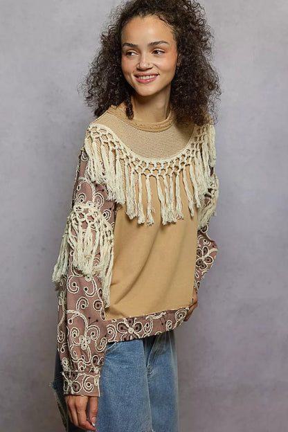 POL Contrast Floral Embroidery Balloon Sleeve Top with Tassel Trim - Bitsy Gypsy Boutique