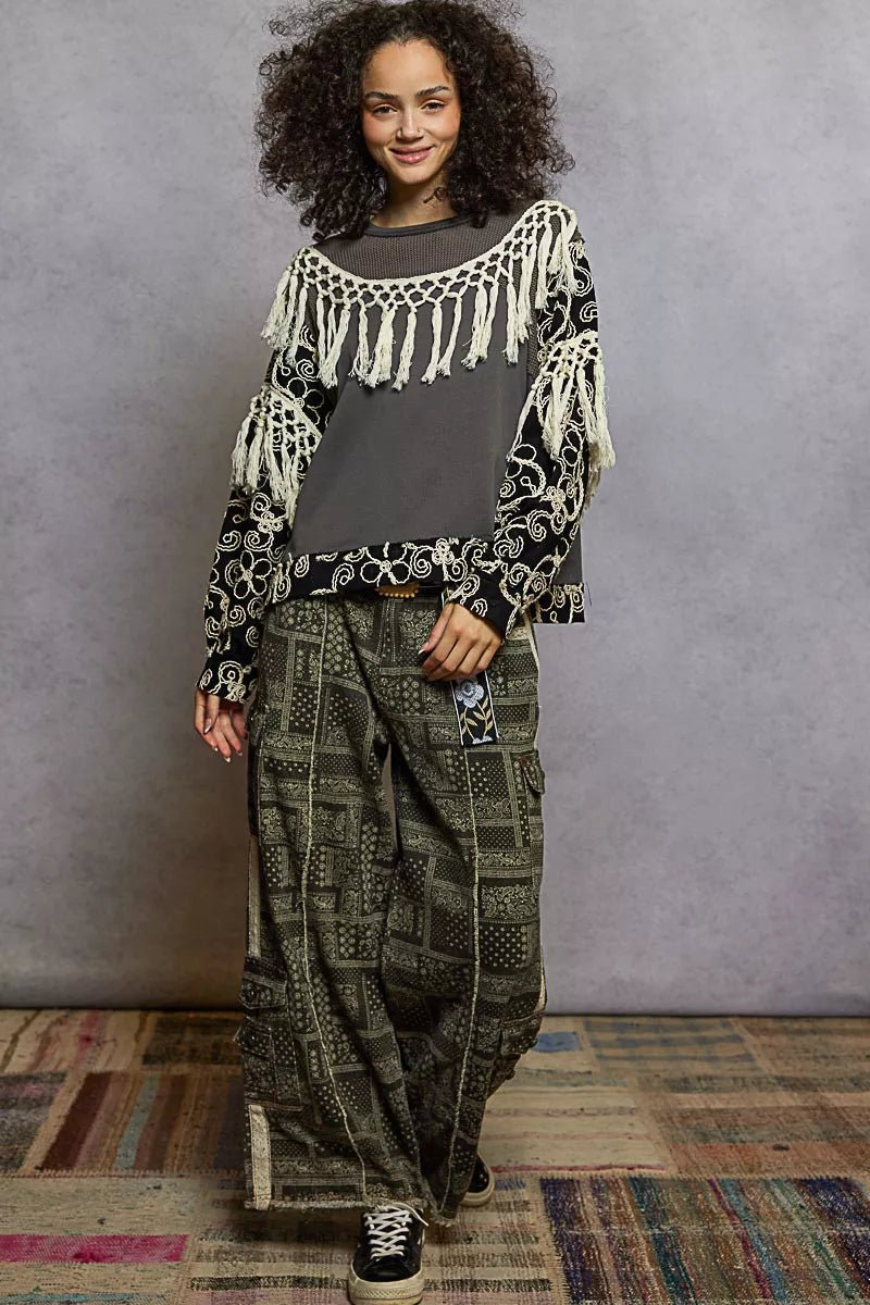 POL Contrast Floral Embroidery Balloon Sleeve Top with Tassel Trim - Bitsy Gypsy Boutique