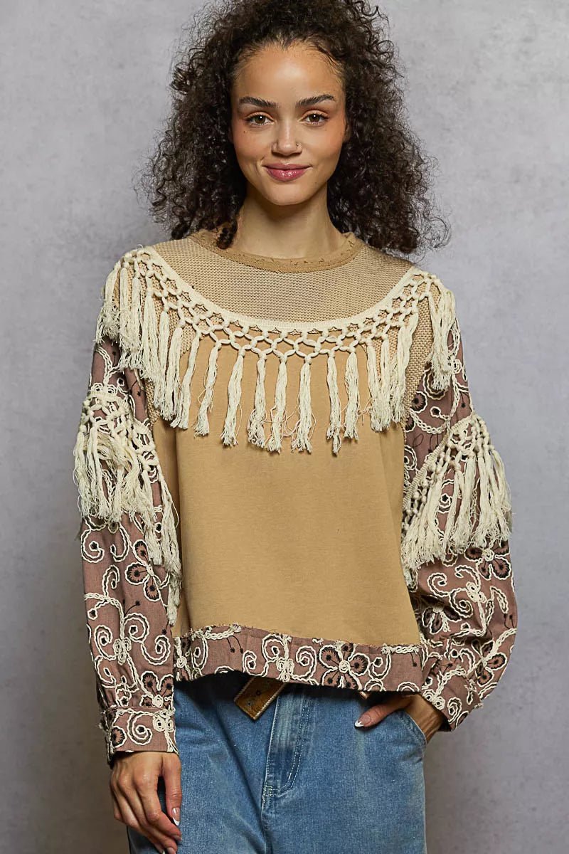 POL Contrast Floral Embroidery Balloon Sleeve Top with Tassel Trim - Bitsy Gypsy Boutique