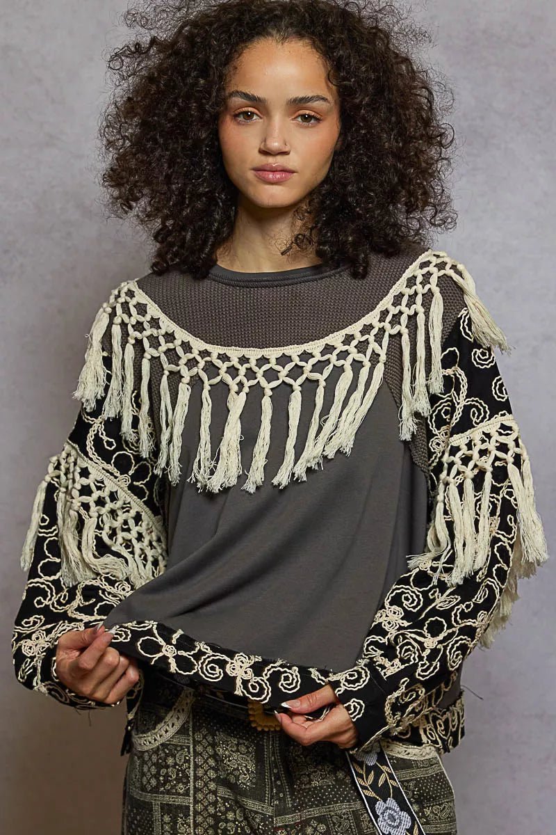 POL Contrast Floral Embroidery Balloon Sleeve Top with Tassel Trim - Bitsy Gypsy Boutique