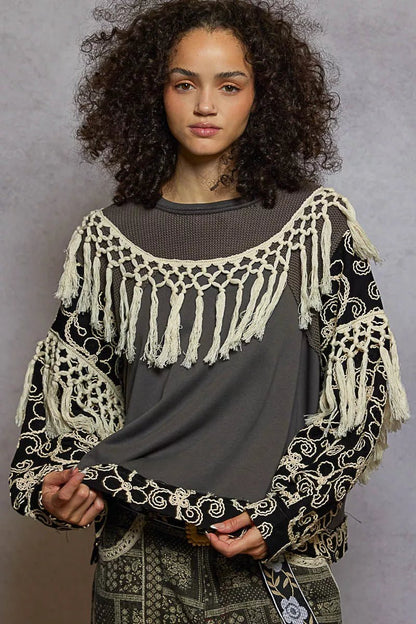 POL Contrast Floral Embroidery Balloon Sleeve Top with Tassel Trim - Bitsy Gypsy Boutique