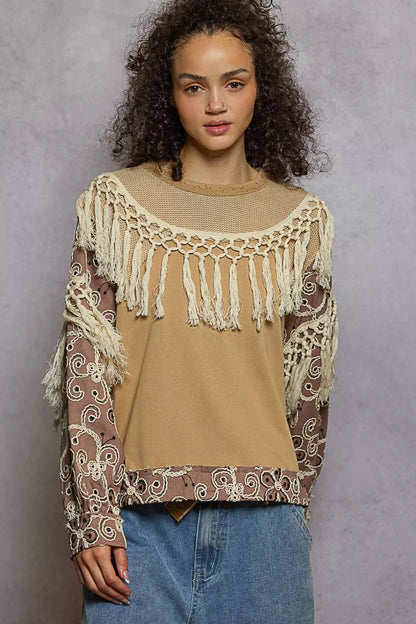 POL Contrast Floral Embroidery Balloon Sleeve Top with Tassel Trim - Bitsy Gypsy Boutique