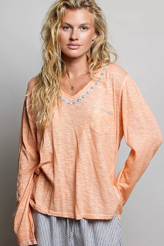 POL Contrast Stitch V-Neck Lightweight Knit Long Sleeve Top - Bitsy Gypsy Boutique