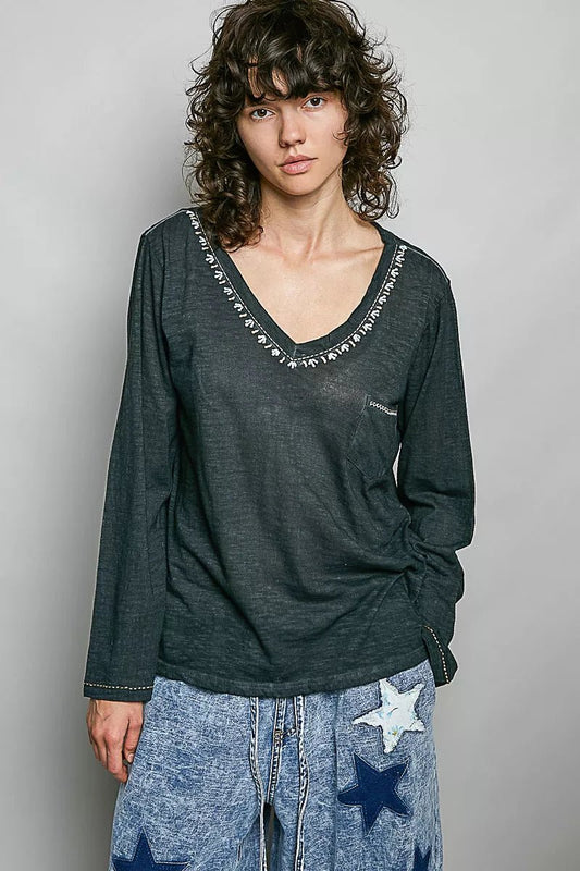 POL Contrast Stitch V-Neck Lightweight Knit Long Sleeve Top - Bitsy Gypsy Boutique