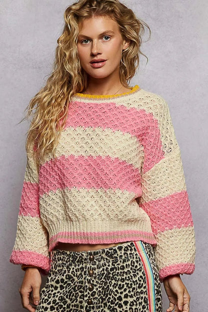 POL Contrast Striped Round Neck Sweater with Textured Cable Knit Pattern - Bitsy Gypsy Boutique
