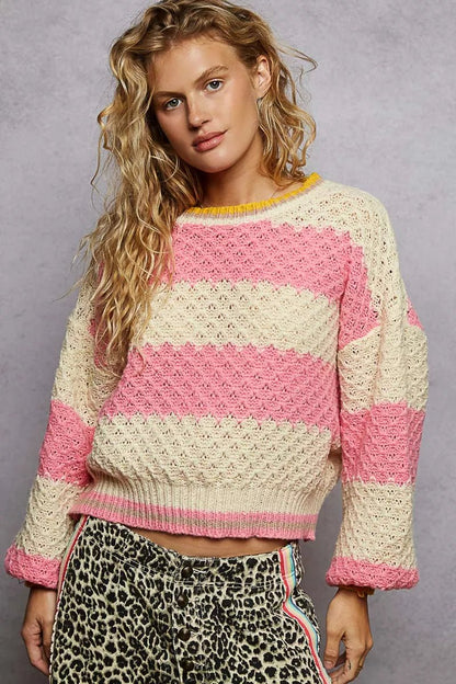 POL Contrast Striped Round Neck Sweater with Textured Cable Knit Pattern - Bitsy Gypsy Boutique