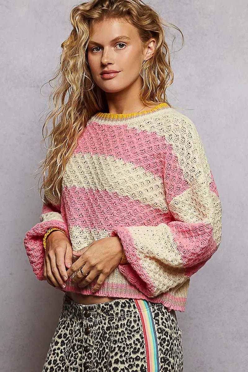POL Contrast Striped Round Neck Sweater with Textured Cable Knit Pattern - Bitsy Gypsy Boutique