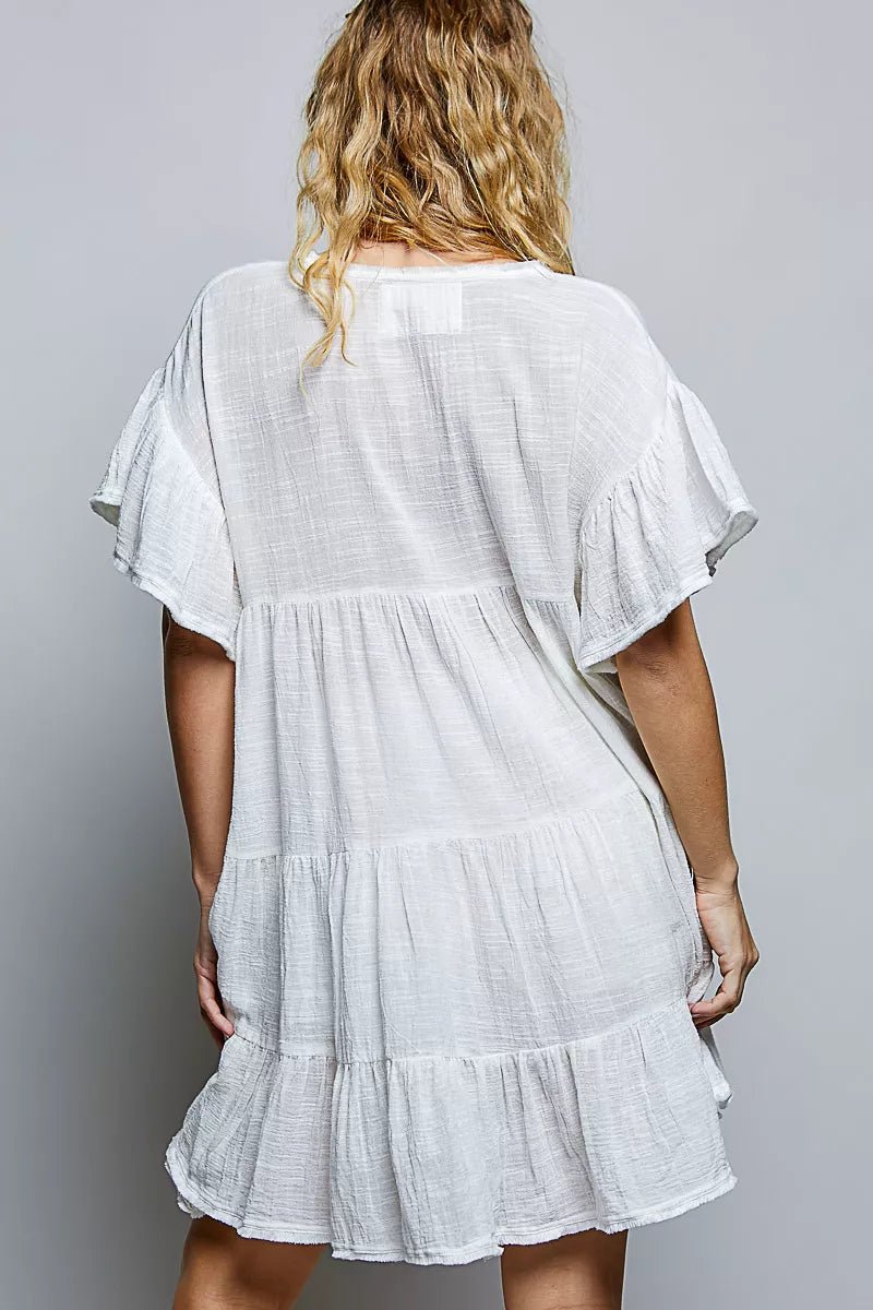 POL Cotton Ruffle Shirred V-Neck Short Sleeve Dress - Bitsy Gypsy Boutique