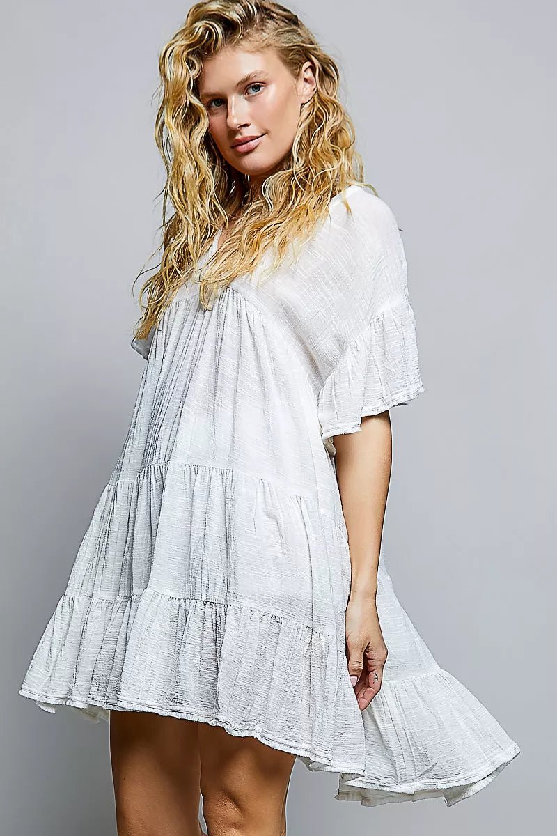 POL Cotton Ruffle Shirred V-Neck Short Sleeve Dress - Bitsy Gypsy Boutique