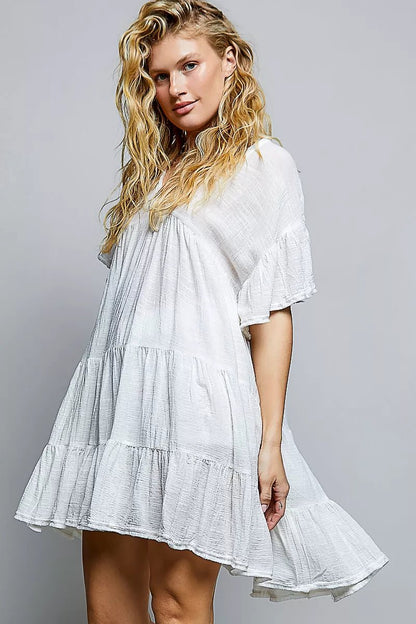 POL Cotton Ruffle Shirred V-Neck Short Sleeve Dress - Bitsy Gypsy Boutique
