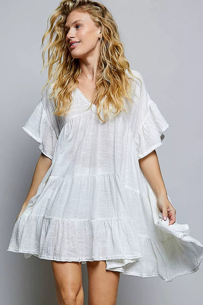 POL Cotton Ruffle Shirred V-Neck Short Sleeve Dress - Bitsy Gypsy Boutique