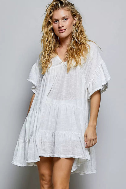 POL Cotton Ruffle Shirred V-Neck Short Sleeve Dress - Bitsy Gypsy Boutique
