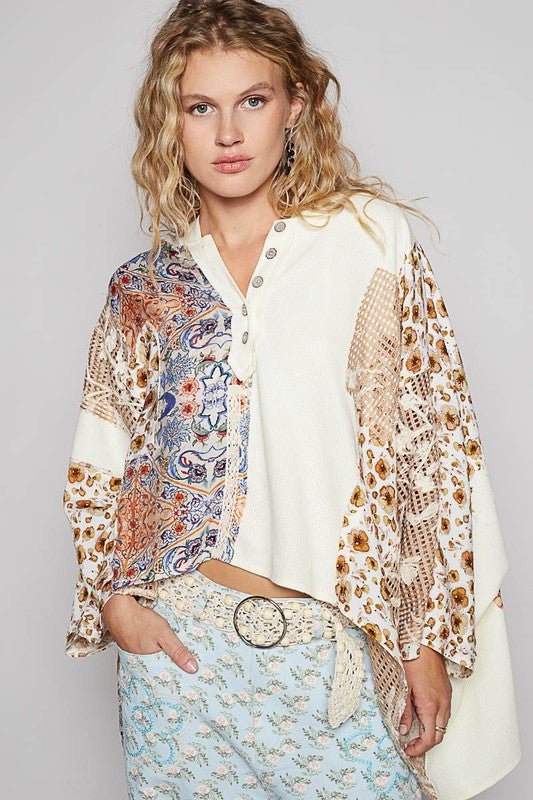 POL Crochet Patch Lace Detail Button Detail Floral Hooded Top - Bitsy Gypsy Boutique