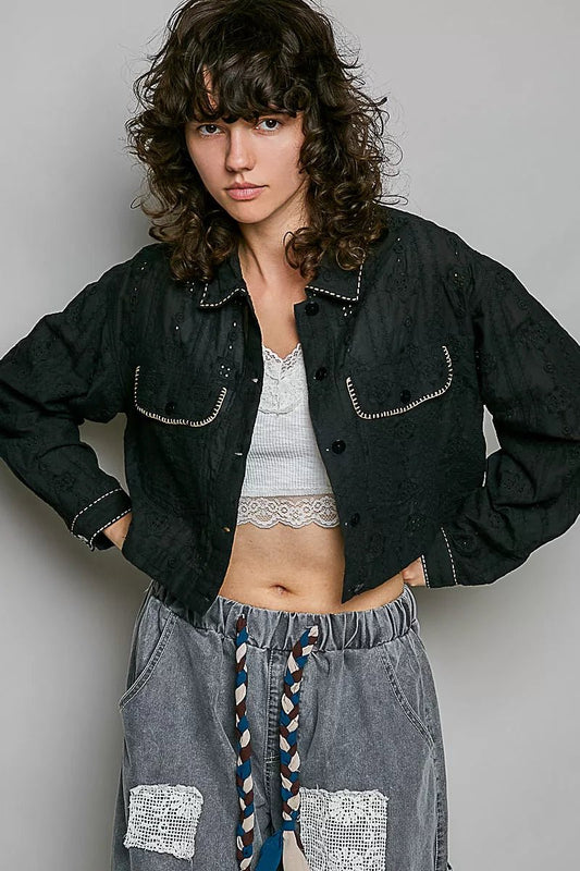 POL Cropped Button-Front Eyelet Cotton Jacket - Bitsy Gypsy Boutique