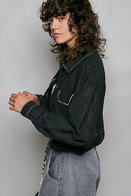 POL Cropped Button-Front Eyelet Cotton Jacket - Bitsy Gypsy Boutique