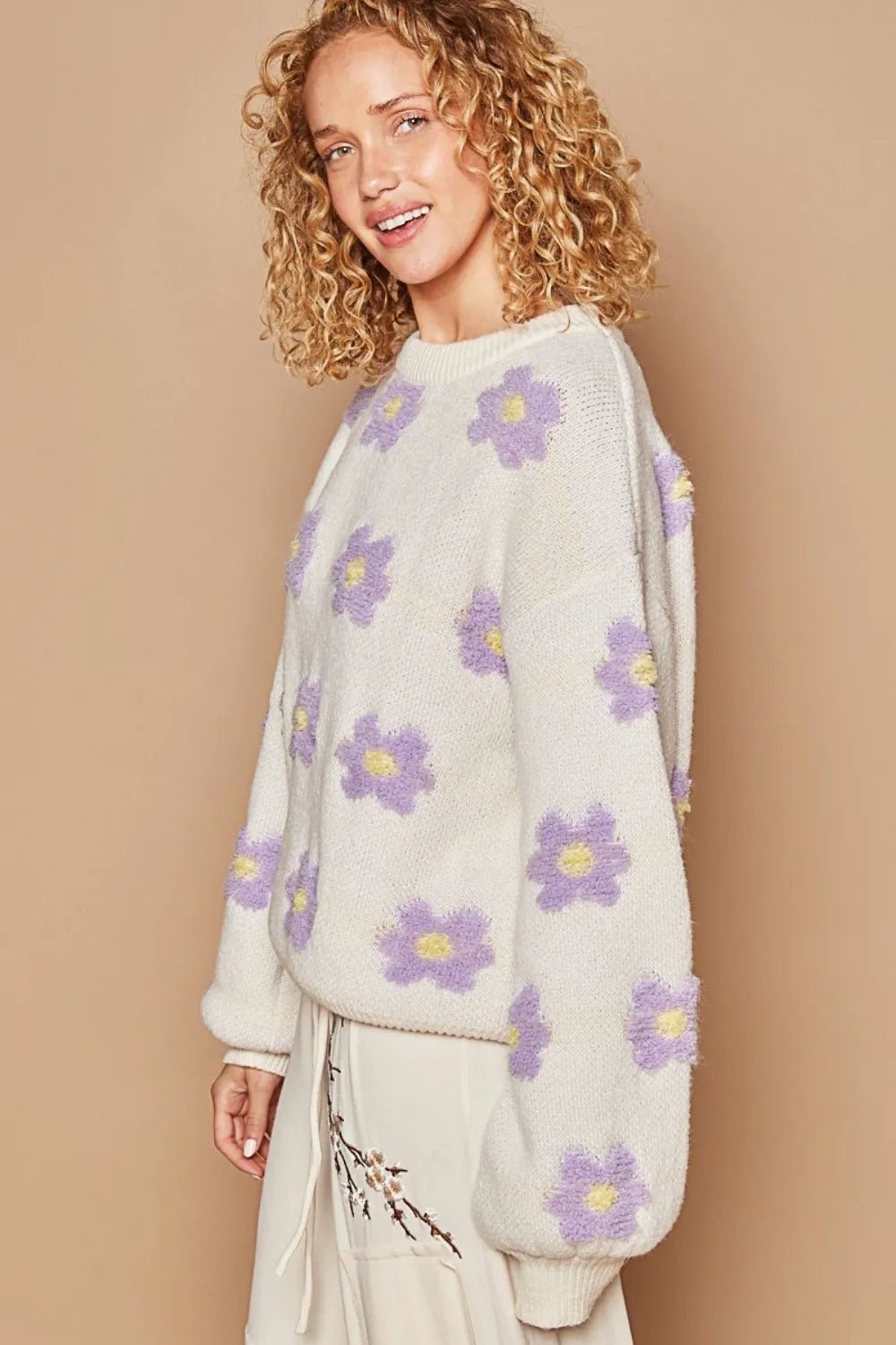 POL Daisy Pattern Drop Shoulder Sweater - Bitsy Gypsy Boutique
