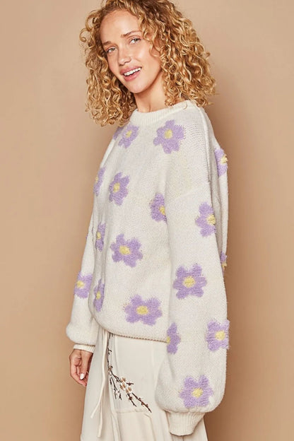 POL Daisy Pattern Drop Shoulder Sweater - Bitsy Gypsy Boutique