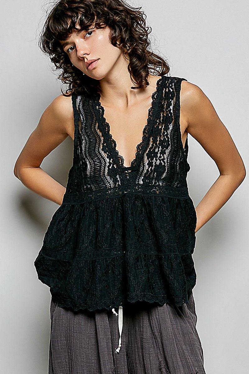 POL Deep V - Neck Scalloped Lace Sleeveless Top - Bitsy Gypsy Boutique